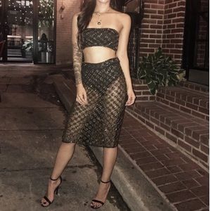 Revolve NBD 2 piece beaded bandeau and midi skirt set